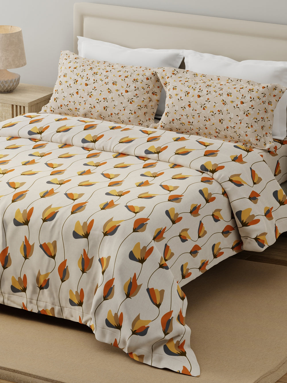 Forever 100% Cotton 120 TC Grey & Cream Floral Double Bedsheet with 2 Pillow Covers