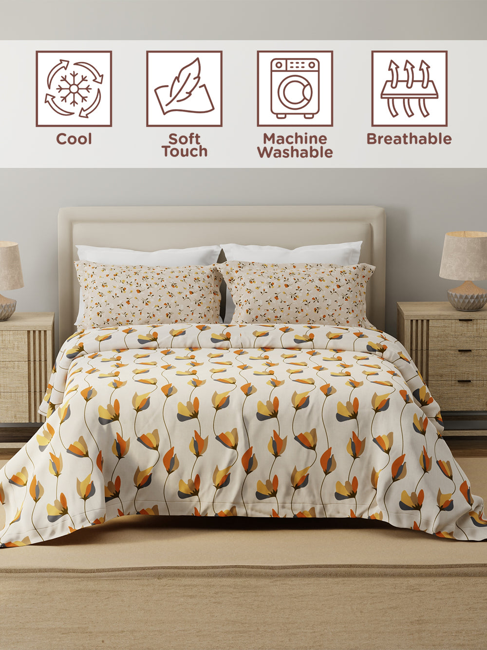 Forever 100% Cotton 120 TC Grey & Cream Floral Double Bedsheet with 2 Pillow Covers