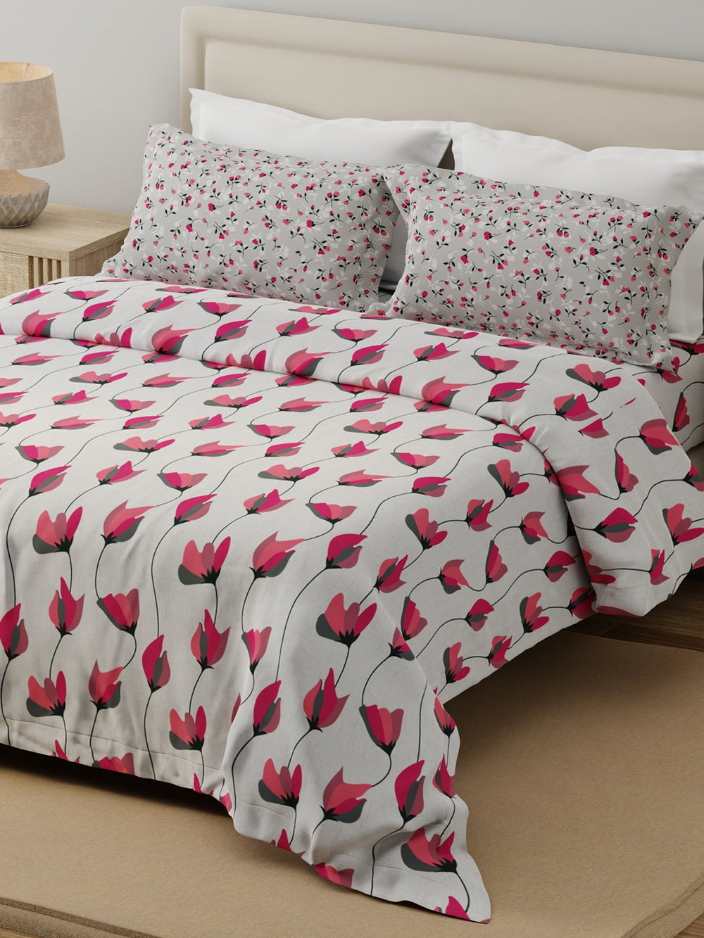Forever 100% Cotton 120 TC Grey & Pink Floral Double Bedsheet with 2 Pillow Covers