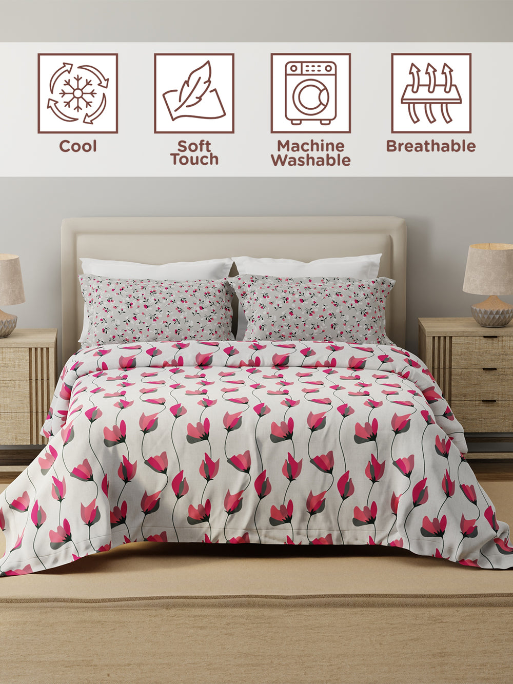 Forever 100% Cotton 120 TC Grey & Pink Floral Double Bedsheet with 2 Pillow Covers