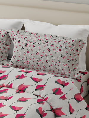 Forever 100% Cotton 120 TC Grey & Pink Floral Double Bedsheet with 2 Pillow Covers