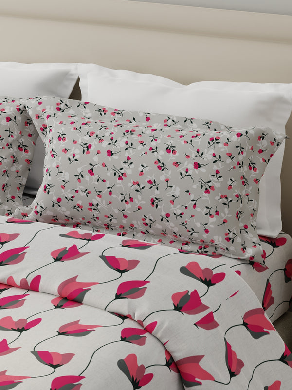 Forever 100% Cotton 120 TC Grey & Pink Floral Double Bedsheet with 2 Pillow Covers