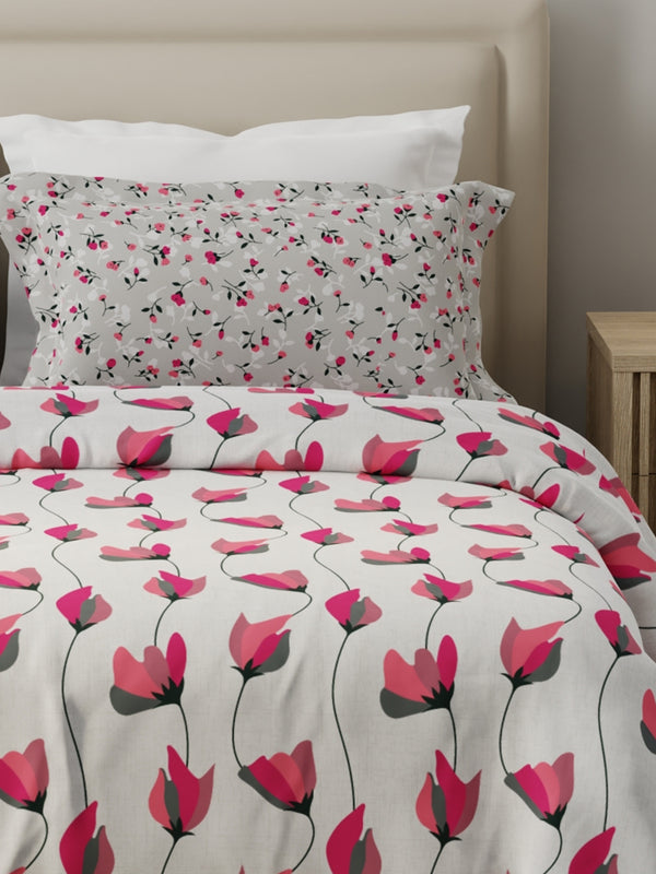 Forever 100% Cotton 120 TC Grey & Pink Floral Double Bedsheet with 2 Pillow Covers