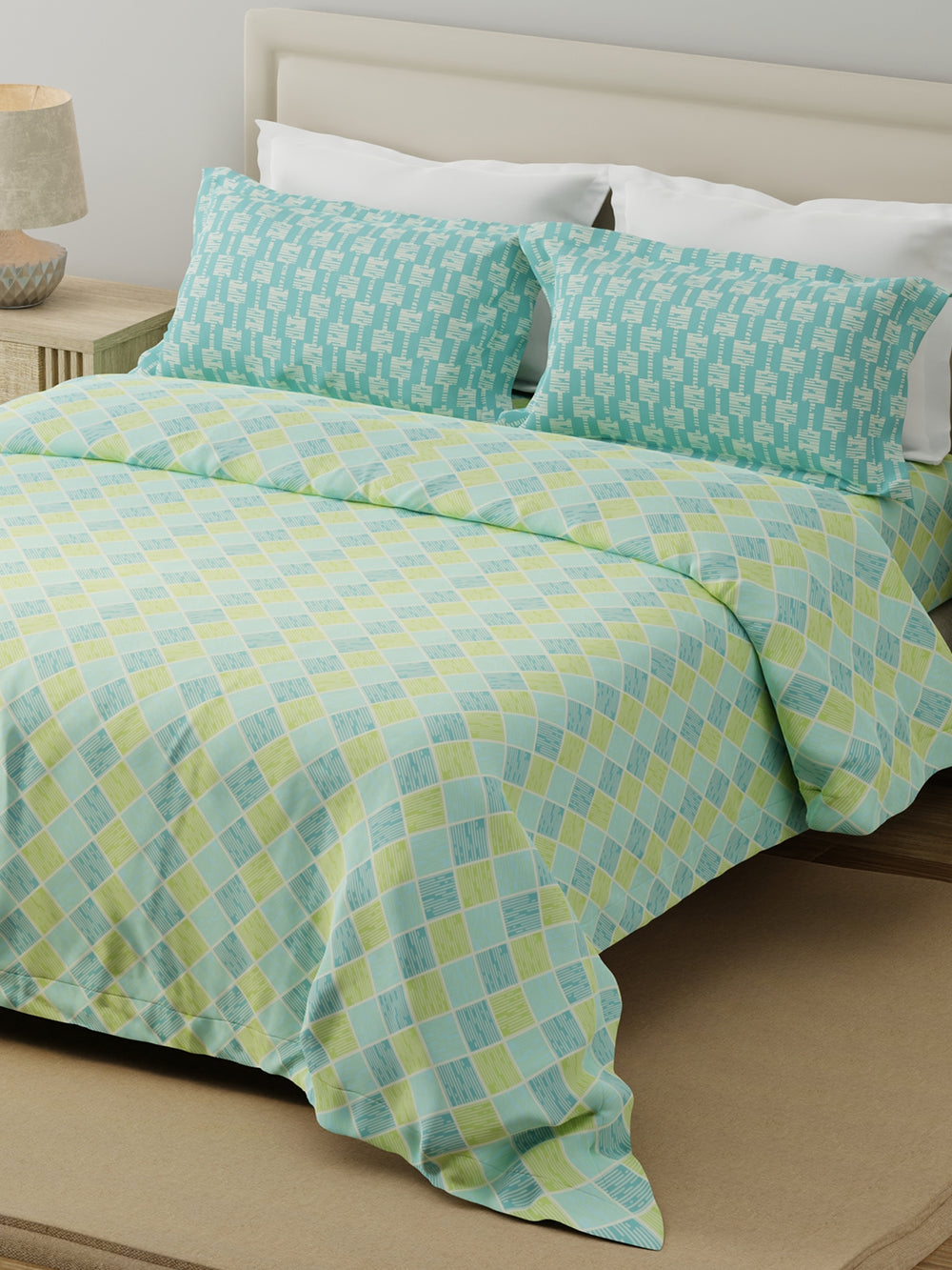 Forever 100% Cotton 120 TC Blue & Yellow Geometric Double Bedsheet with 2 Pillow Covers