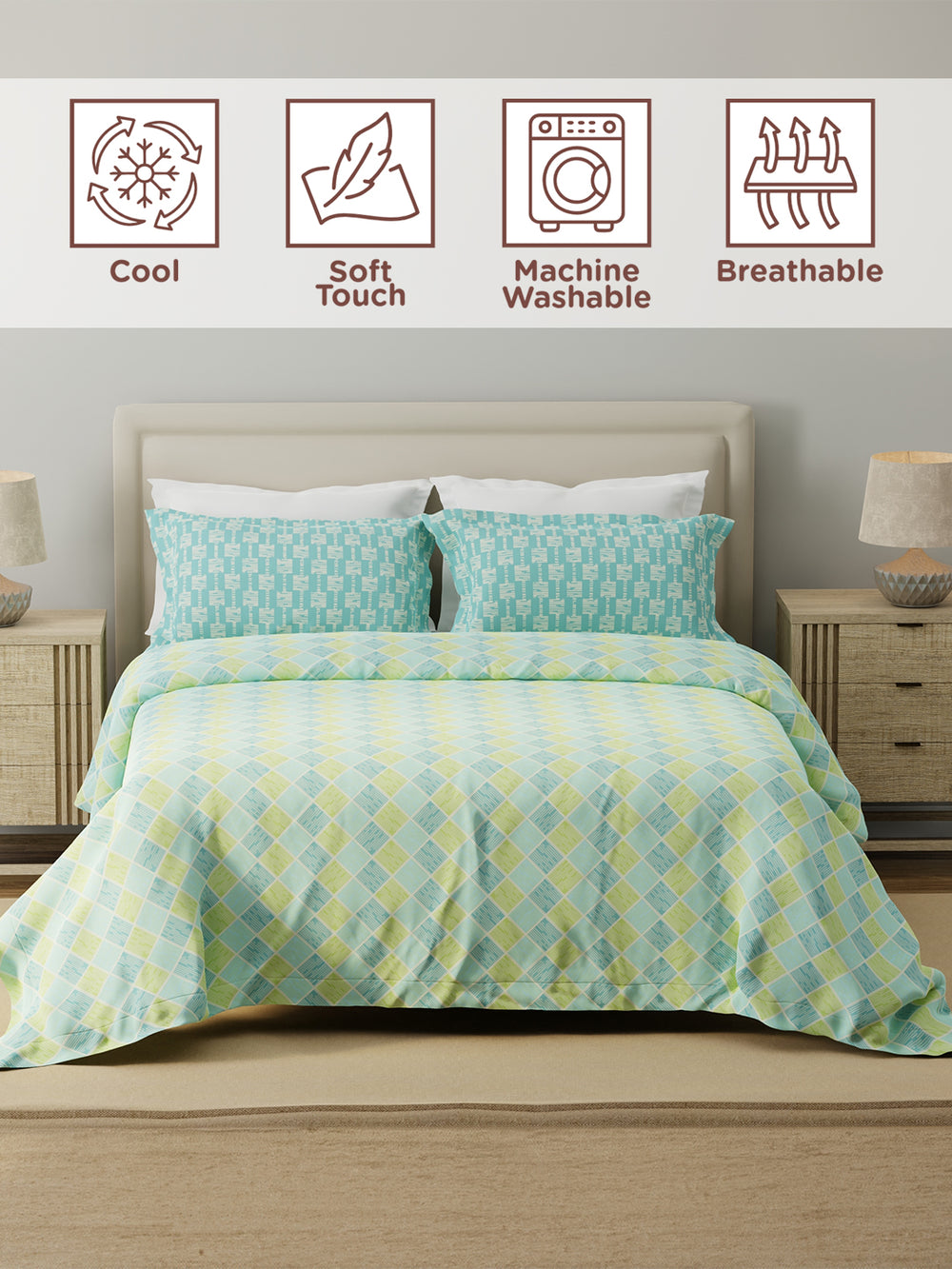 Forever 100% Cotton 120 TC Blue & Yellow Geometric Double Bedsheet with 2 Pillow Covers