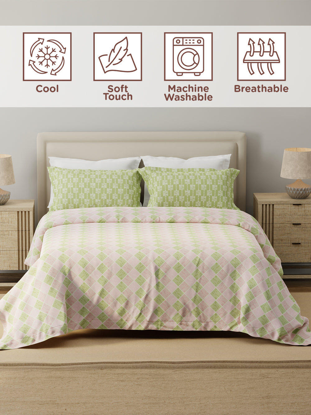 Forever 100% Cotton 120 TC Pink & Green Geometric Double Bedsheet with 2 Pillow Covers