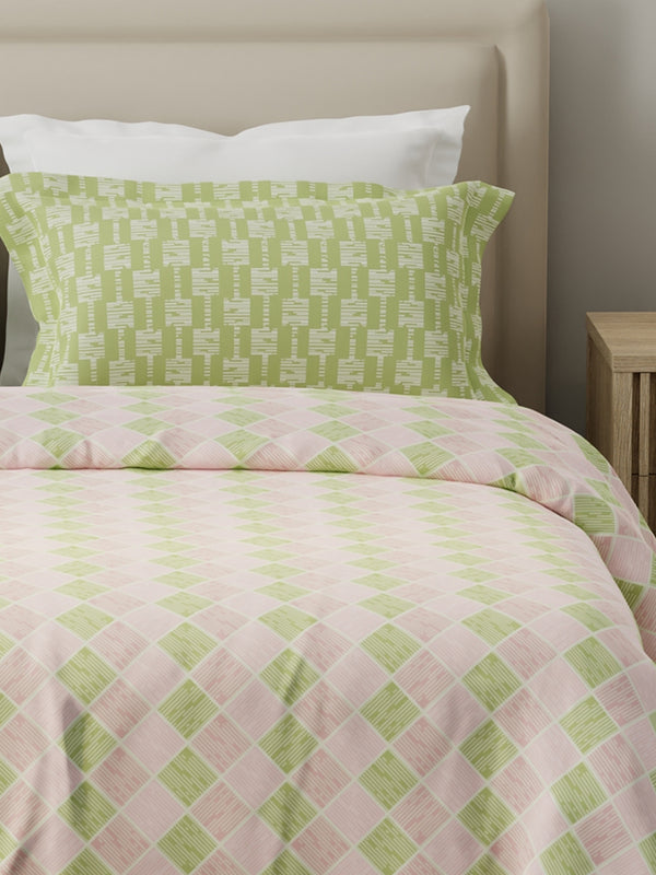 Forever 100% Cotton 120 TC Pink & Green Geometric Double Bedsheet with 2 Pillow Covers