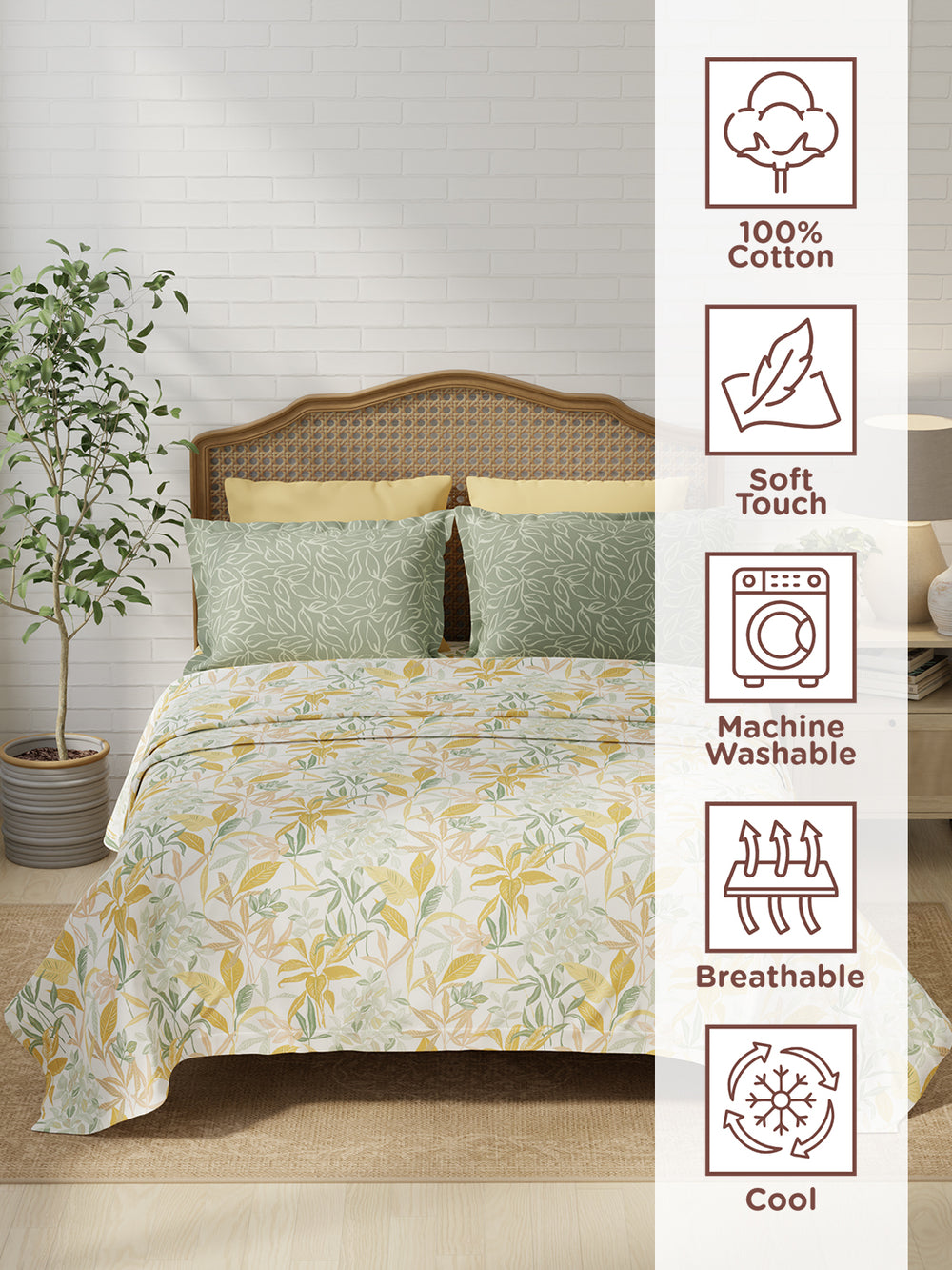 Pure Nest 100% Cotton 180 TC Yellow & Grey Floral King Bedsheet with 2 Pillow Covers