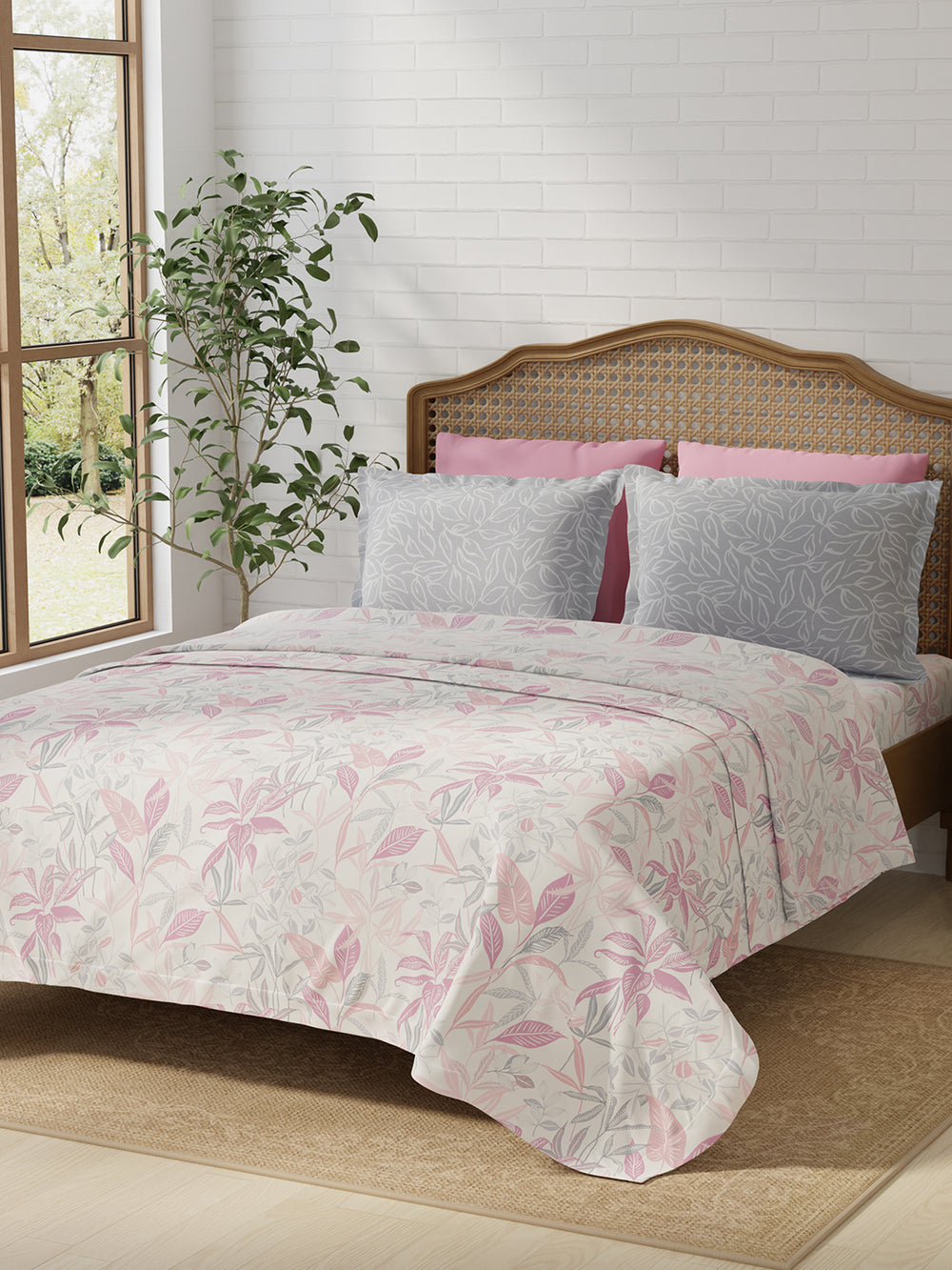 Pure Nest 100% Cotton 180 TC Pink & Grey Floral King Bedsheet with 2 Pillow Covers