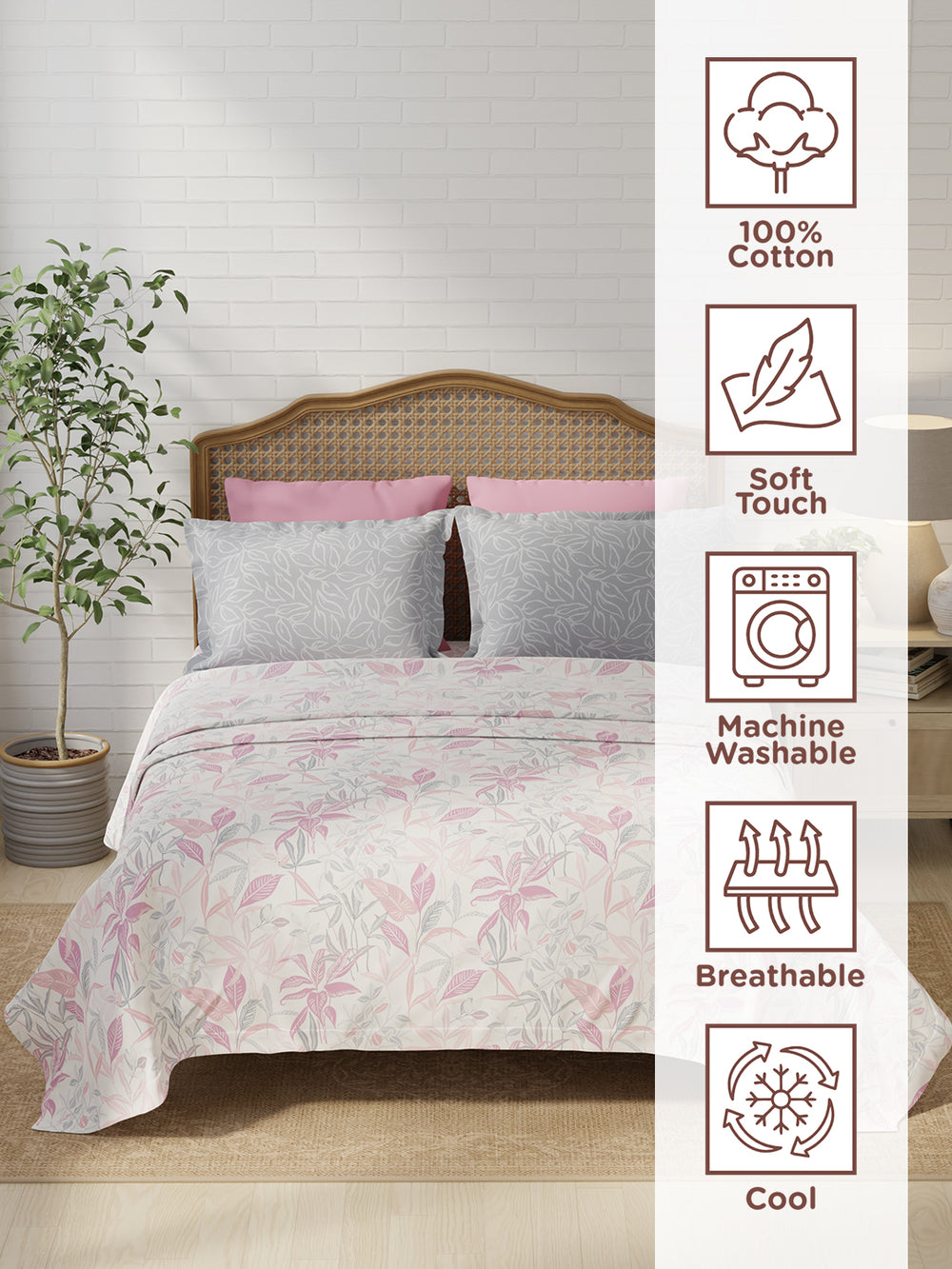 Pure Nest 100% Cotton 180 TC Pink & Grey Floral King Bedsheet with 2 Pillow Covers
