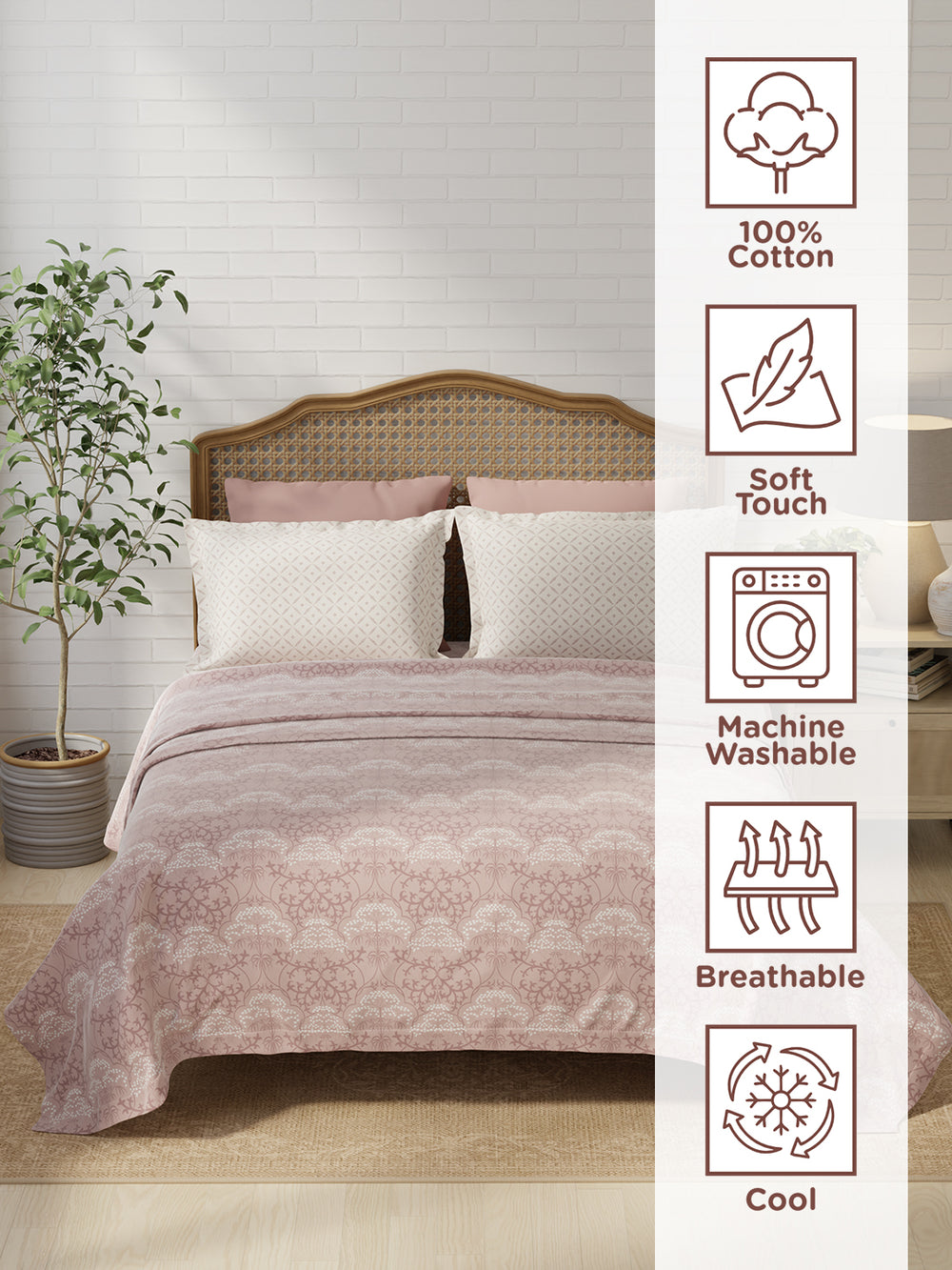 Pure Nest 100% Cotton 180 TC Pink Ethnic Print King Bedsheet with 2 Pillow Covers