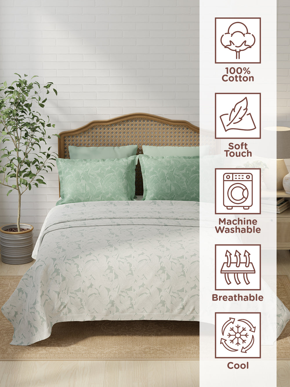 Pure Nest 100% Cotton 180 TC Green & White Floral King Bedsheet with 2 Pillow Covers