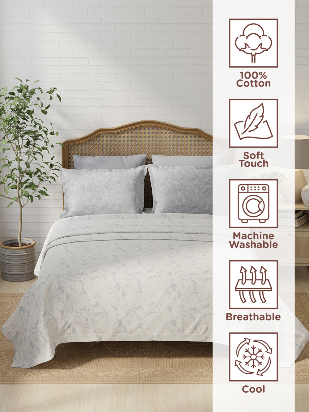 Pure Nest 100% Cotton 180 TC Grey & White Floral King Bedsheet with 2 Pillow Covers