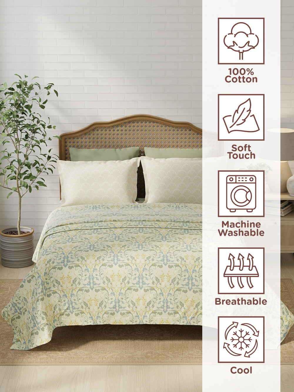 Pure Nest 100% Cotton 180 TC Yellow Floral King Bedsheet with 2 Pillow Covers