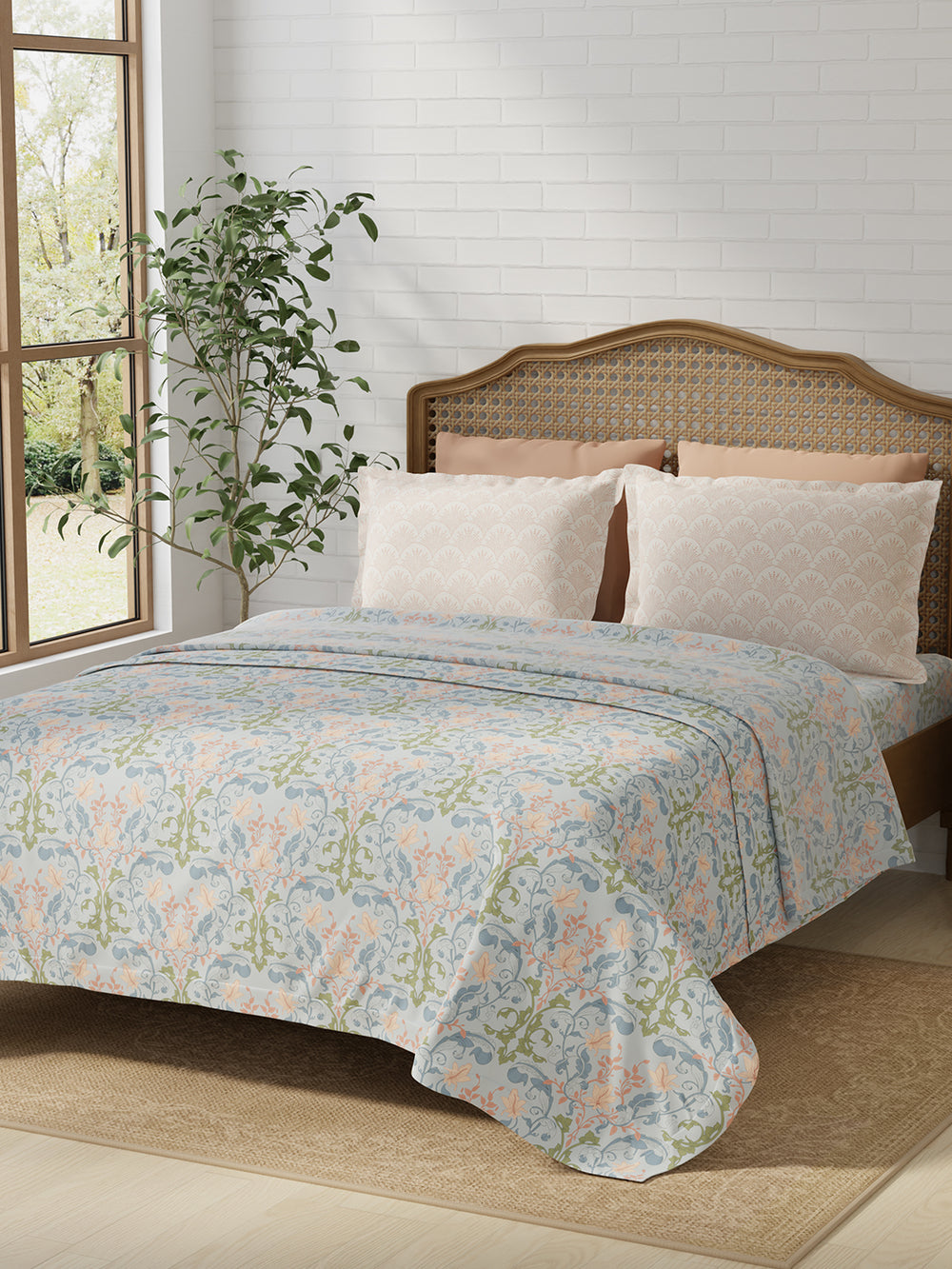 Pure Nest 100% Cotton 180 TC Blue & Peach Floral King Bedsheet with 2 Pillow Covers