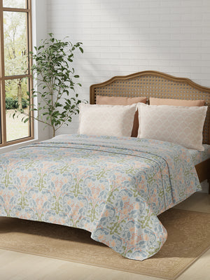 Pure Nest 100% Cotton 180 TC Blue & Peach Floral King Bedsheet with 2 Pillow Covers