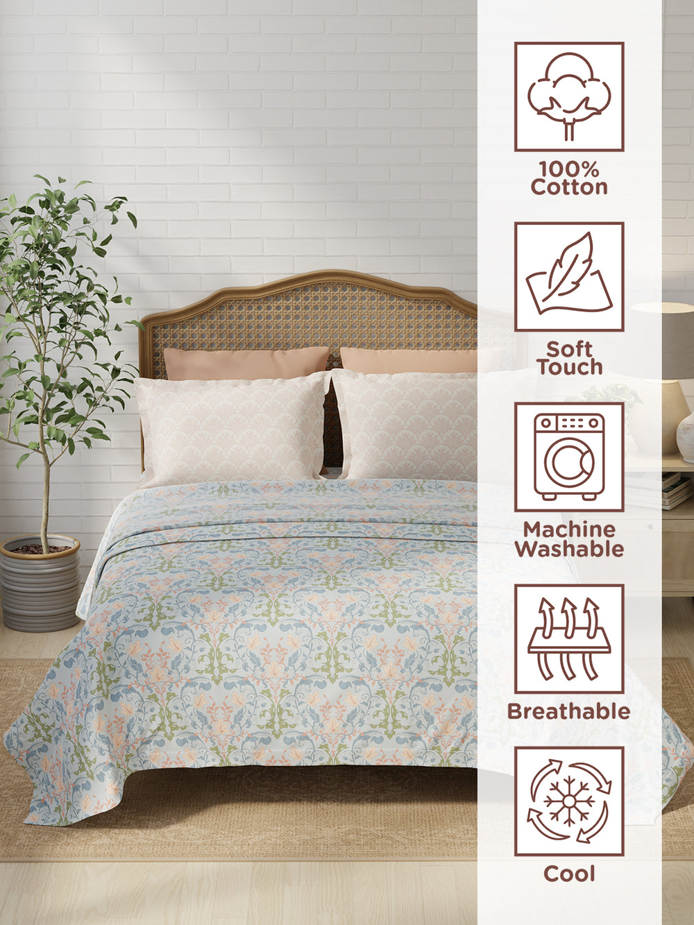 Pure Nest 100% Cotton 180 TC Blue & Peach Floral King Bedsheet with 2 Pillow Covers