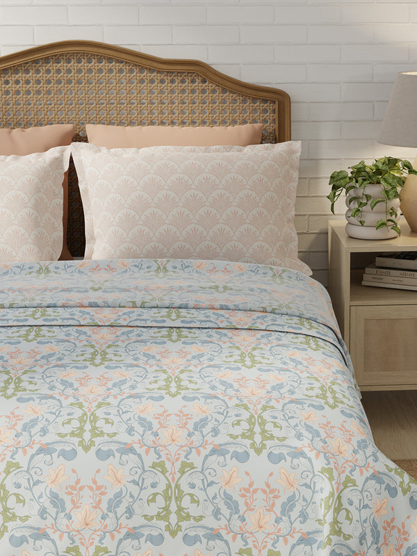 Pure Nest 100% Cotton 180 TC Blue & Peach Floral King Bedsheet with 2 Pillow Covers
