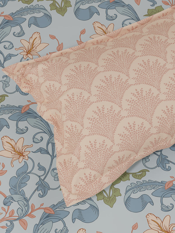 Pure Nest 100% Cotton 180 TC Blue & Peach Floral King Bedsheet with 2 Pillow Covers