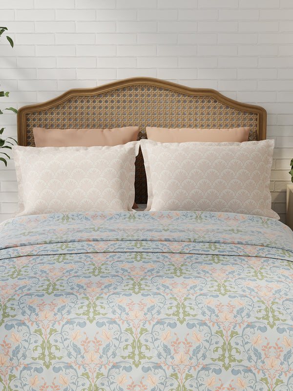 Pure Nest 100% Cotton 180 TC Blue & Peach Floral King Bedsheet with 2 Pillow Covers