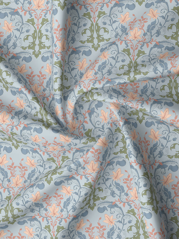 Pure Nest 100% Cotton 180 TC Blue & Peach Floral King Bedsheet with 2 Pillow Covers