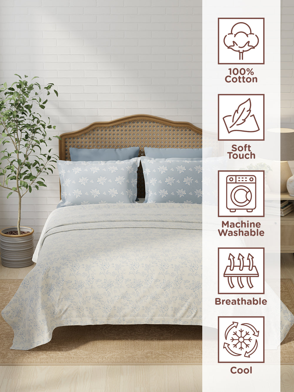 Pure Nest 100% Cotton 180 TC Blue Floral King Bedsheet with 2 Pillow Covers