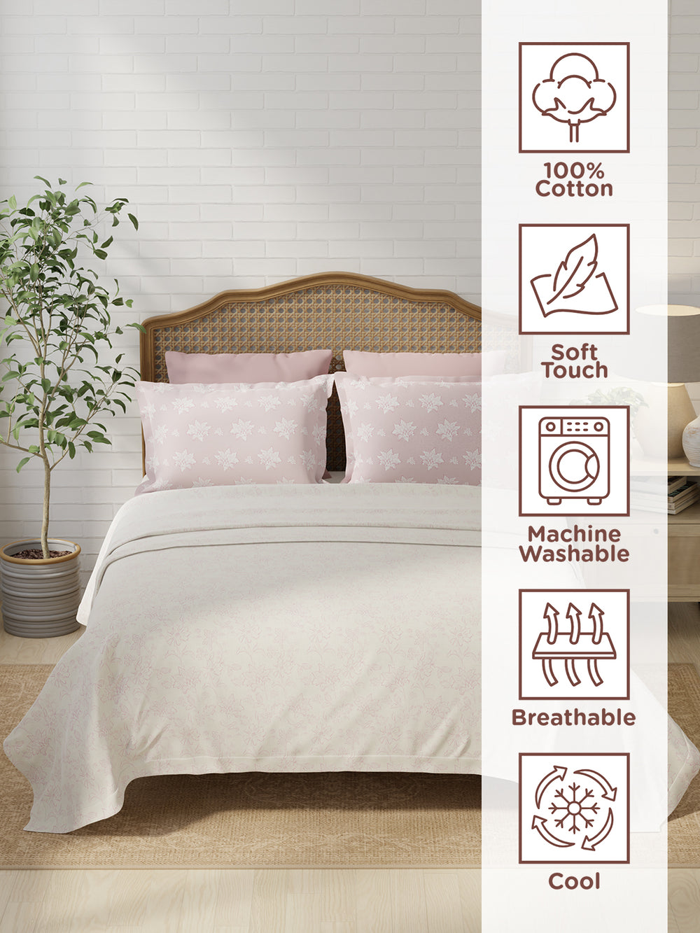 Pure Nest 100% Cotton 180 TC Pink Floral King Bedsheet with 2 Pillow Covers