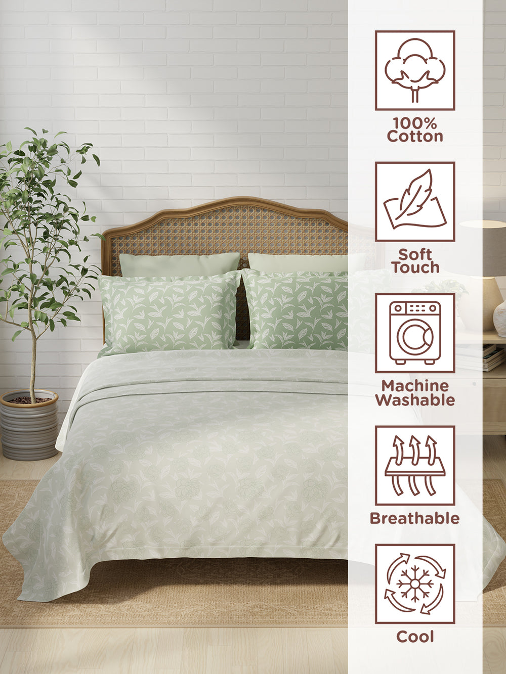 Pure Nest 100% Cotton 180 TC Green Floral King Bedsheet with 2 Pillow Covers