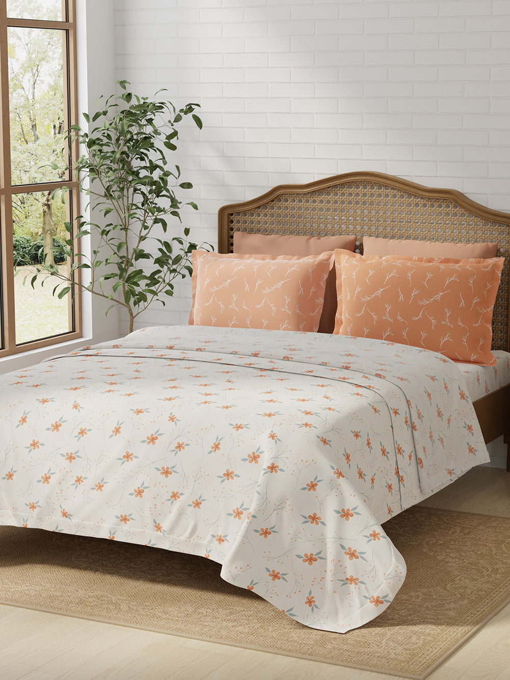 Pure Nest 100% Cotton 180 TC Orange & White Floral King Bedsheet with 2 Pillow Covers