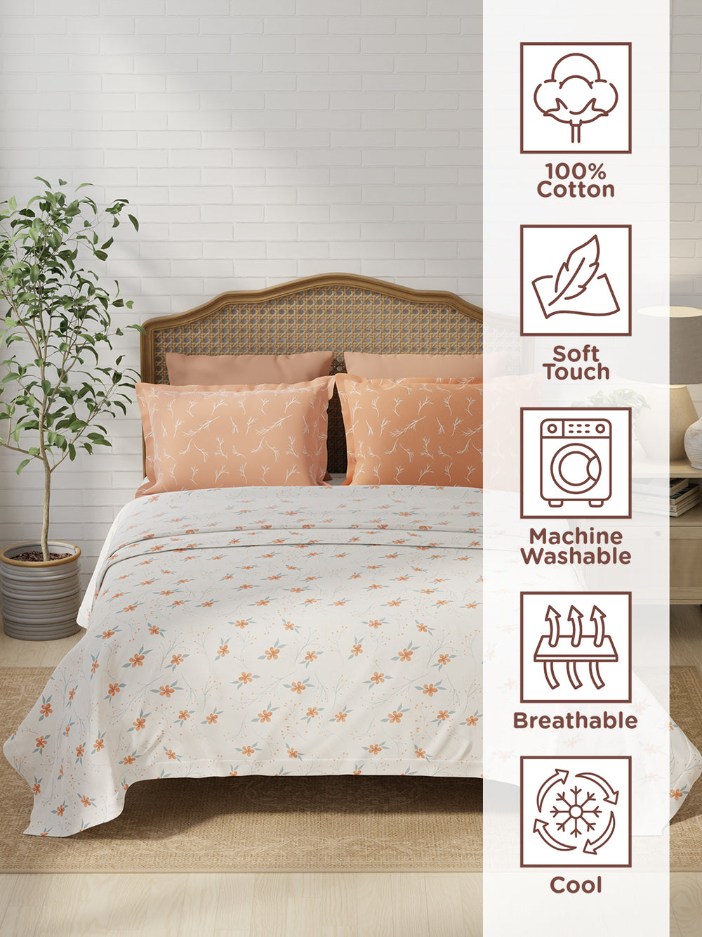 Pure Nest 100% Cotton 180 TC Orange & White Floral King Bedsheet with 2 Pillow Covers