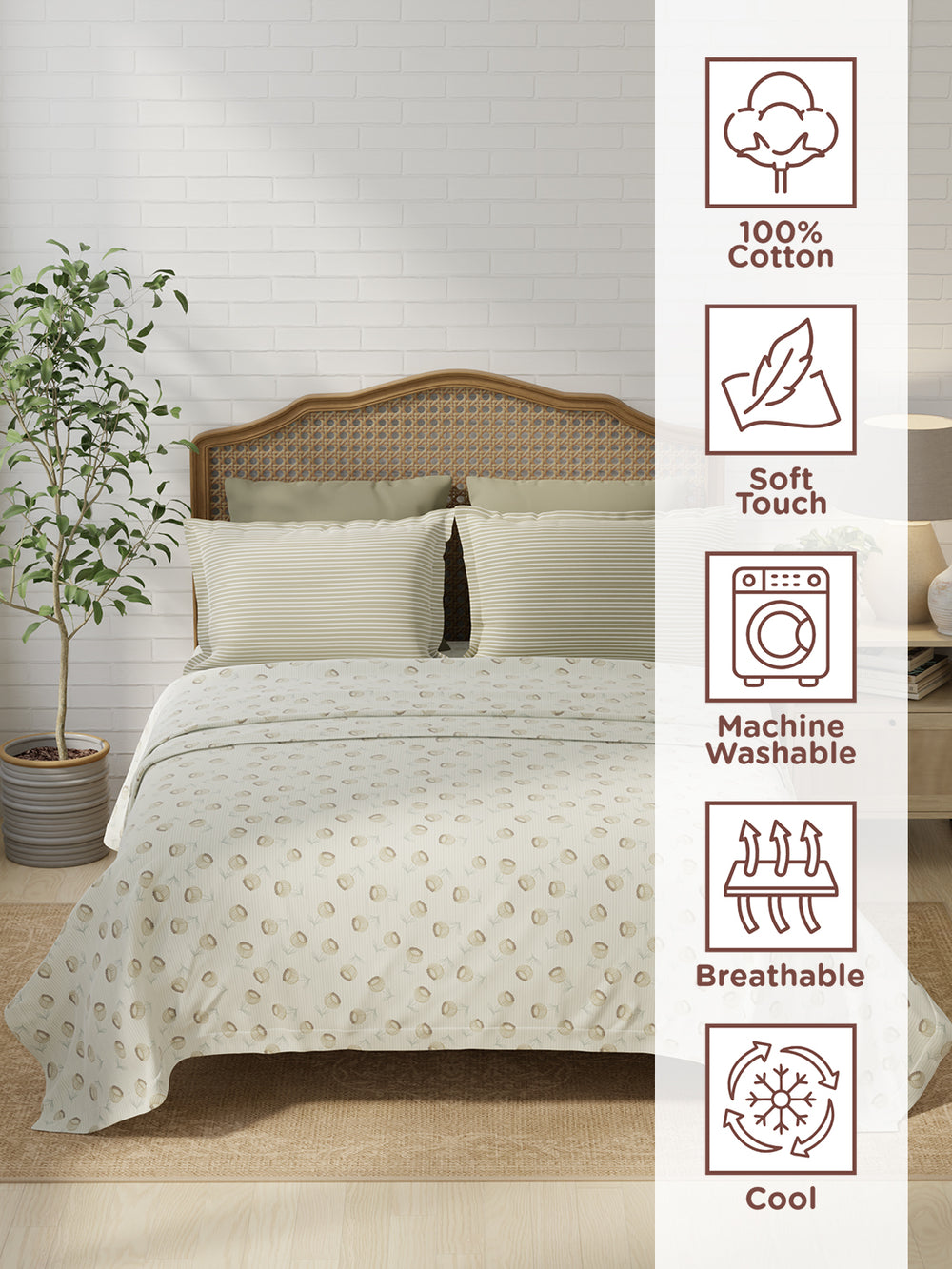 Pure Nest 100% Cotton 180 TC Brown & White Floral King Bedsheet with 2 Pillow Covers