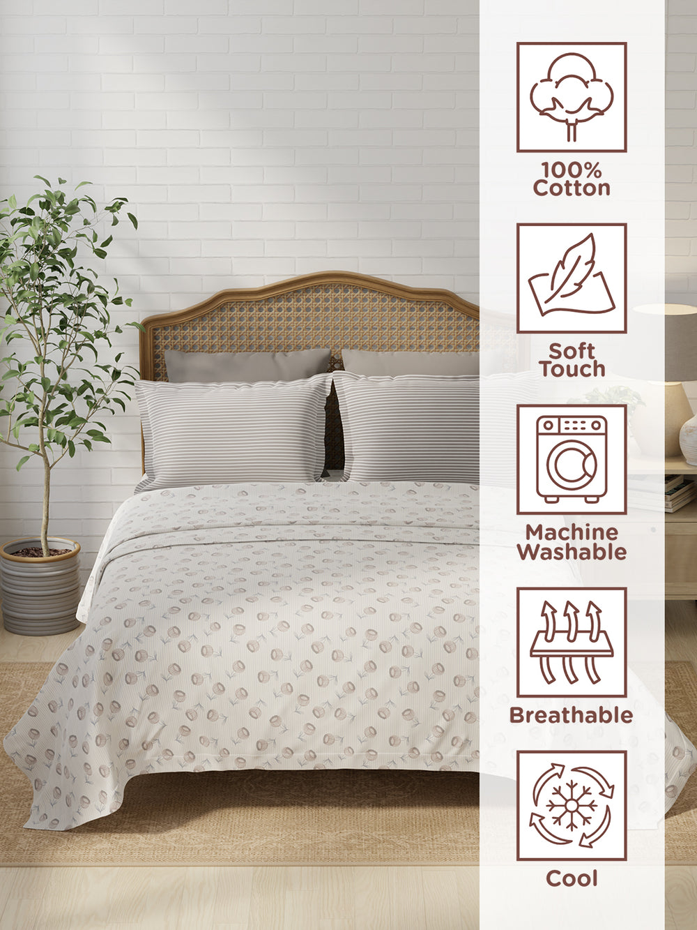 Pure Nest 100% Cotton 180 TC Grey & White Floral King Bedsheet with 2 Pillow Covers