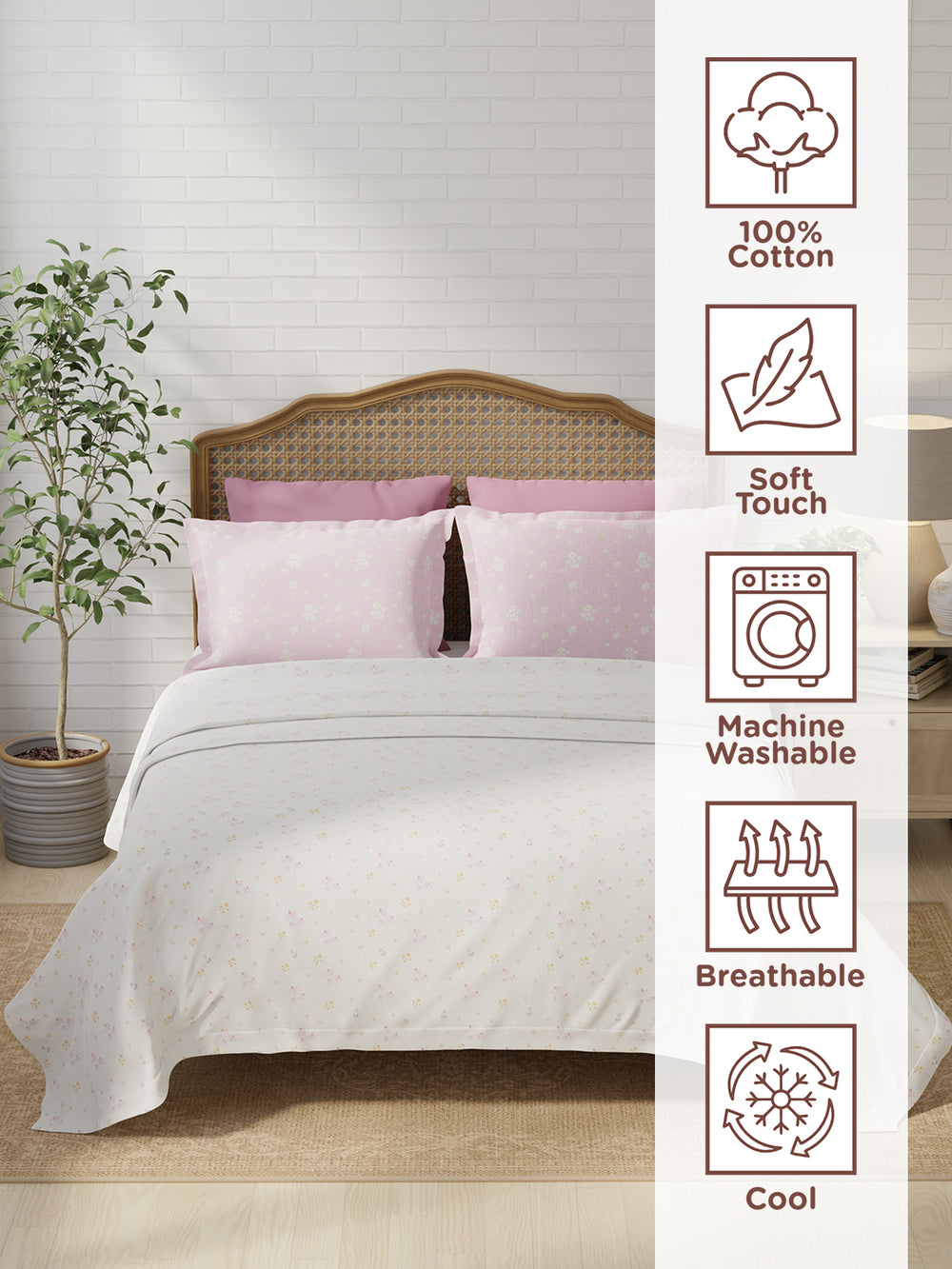 Pure Nest 100% Cotton 180 TC Pink & White Floral King Bedsheet with 2 Pillow Covers