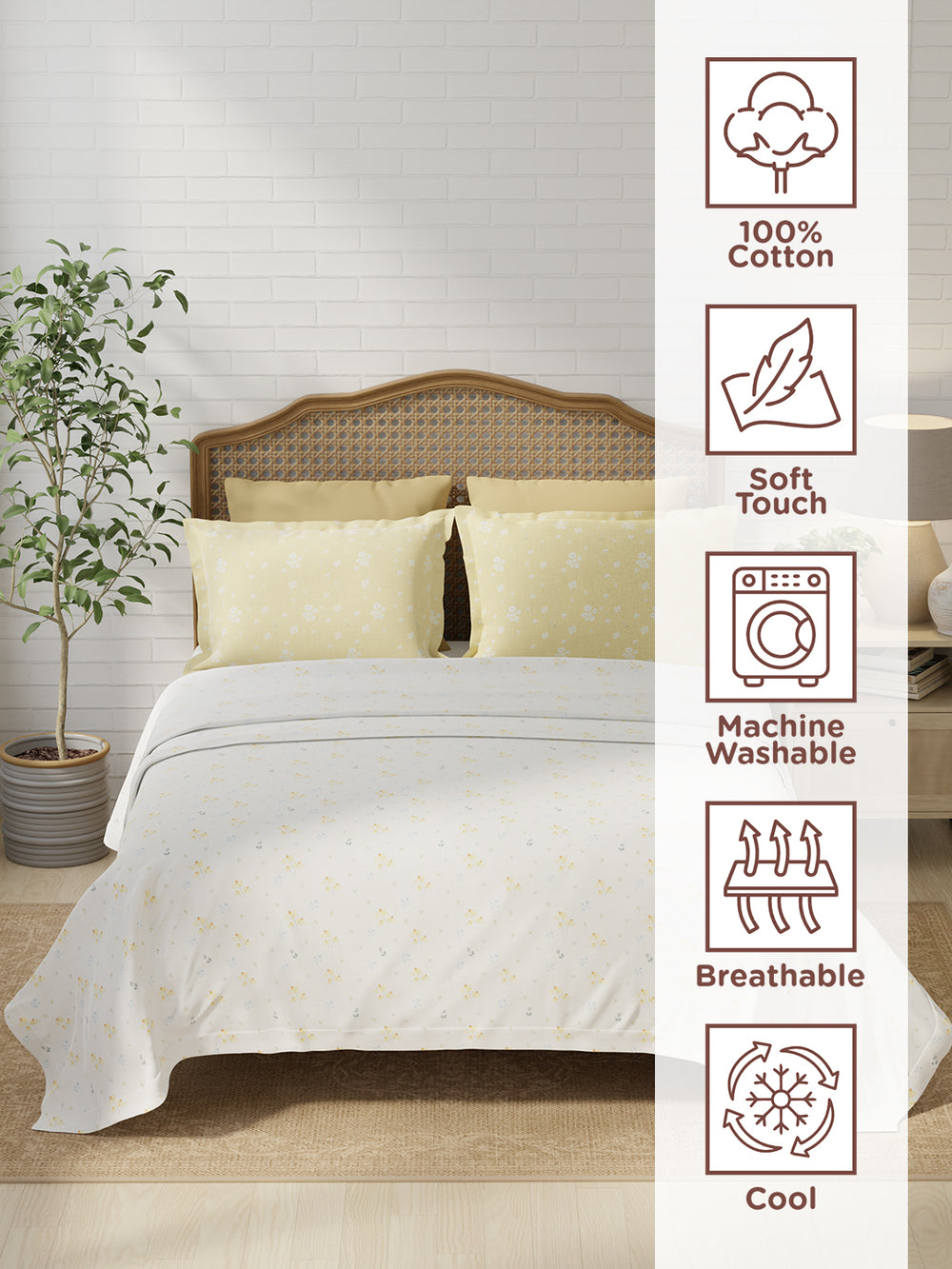 Pure Nest 100% Cotton 180 TC Yellow & White Floral King Bedsheet with 2 Pillow Covers