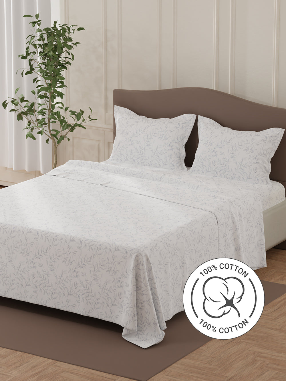 Lumina Floret 100% Cotton 144 TC White & Blue Floral Double Bedsheet with 2 Pillow Covers