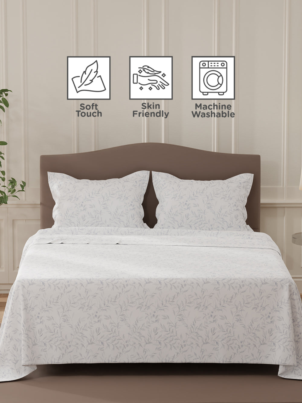 Lumina Floret 100% Cotton 144 TC White & Blue Floral Double Bedsheet with 2 Pillow Covers