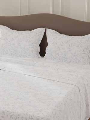 Lumina Floret 100% Cotton 144 TC White & Blue Floral Double Bedsheet with 2 Pillow Covers