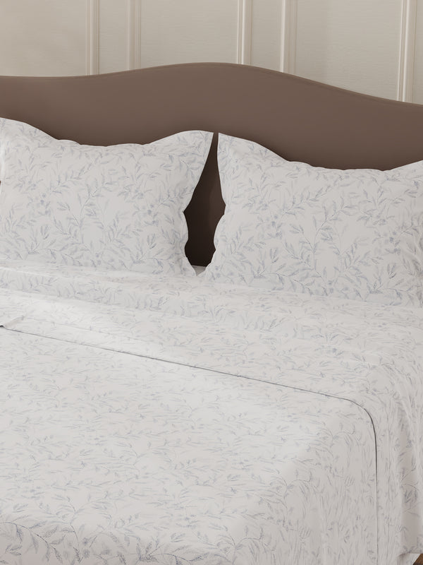 Lumina Floret 100% Cotton 144 TC White & Blue Floral Double Bedsheet with 2 Pillow Covers