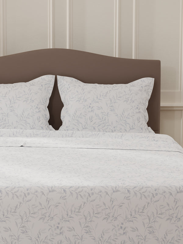 Lumina Floret 100% Cotton 144 TC White & Blue Floral Double Bedsheet with 2 Pillow Covers