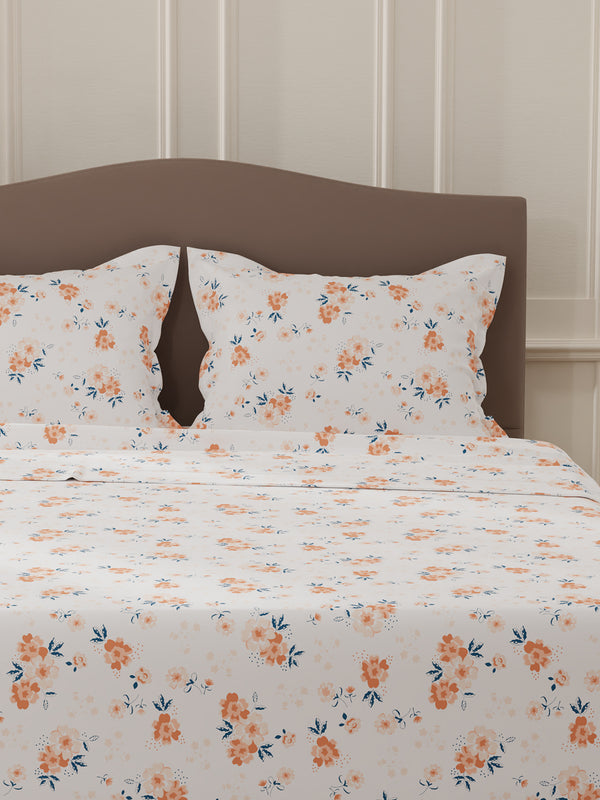 Lumina Floret 100% Cotton 144 TC White & Orange Floral Double Bedsheet with 2 Pillow Covers