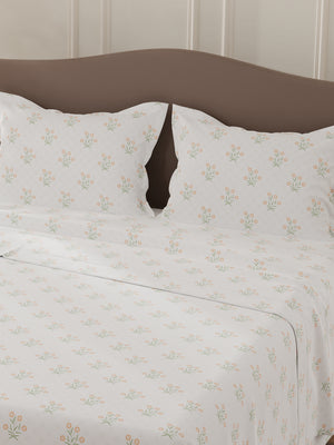 Lumina Floret 100% Cotton 144 TC White & Red Floral Double Bedsheet with 2 Pillow Covers