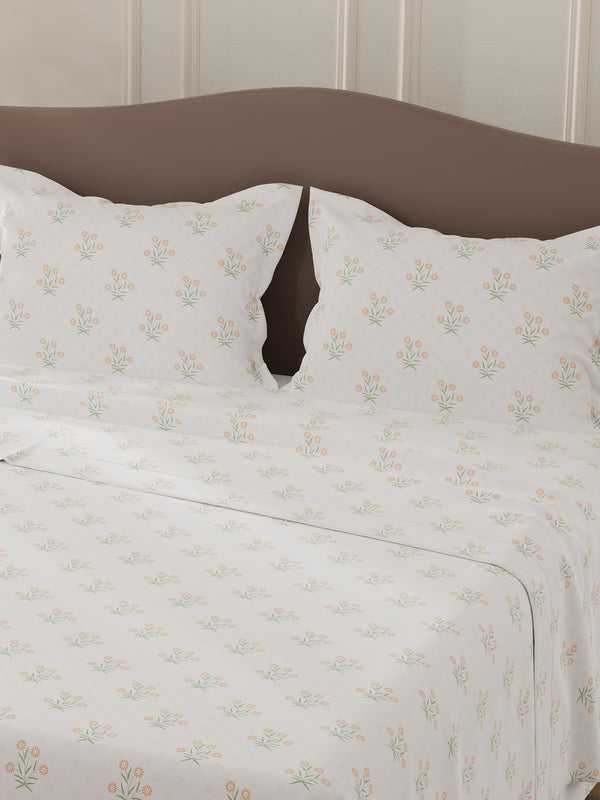 Lumina Floret 100% Cotton 144 TC White & Red Floral Double Bedsheet with 2 Pillow Covers