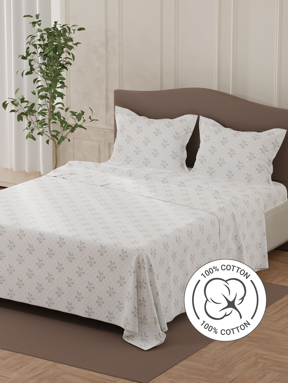 Lumina Floret 100% Cotton 144 TC Blue & White Floral Double Bedsheet with 2 Pillow Covers