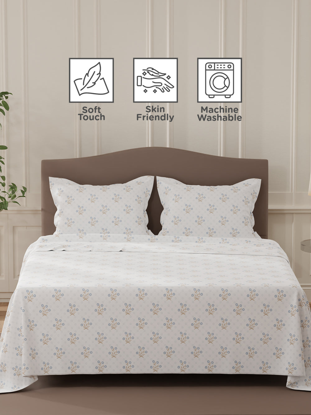 Lumina Floret 100% Cotton 144 TC Blue & White Floral Double Bedsheet with 2 Pillow Covers
