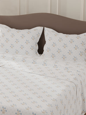 Lumina Floret 100% Cotton 144 TC Blue & White Floral Double Bedsheet with 2 Pillow Covers