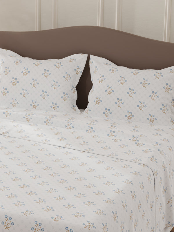 Lumina Floret 100% Cotton 144 TC Blue & White Floral Double Bedsheet with 2 Pillow Covers