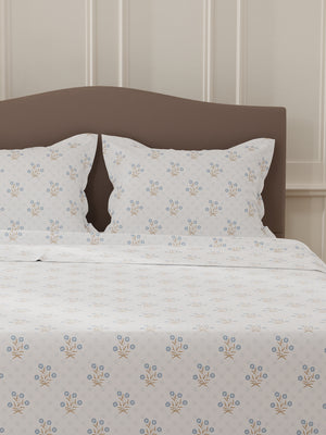 Lumina Floret 100% Cotton 144 TC Blue & White Floral Double Bedsheet with 2 Pillow Covers