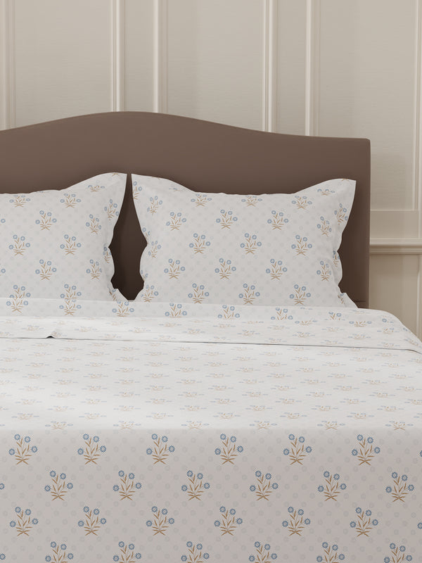 Lumina Floret 100% Cotton 144 TC Blue & White Floral Double Bedsheet with 2 Pillow Covers