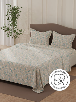 Lumina Floret 100% Cotton 144 TC Grey Floral Double Bedsheet with 2 Pillow Covers