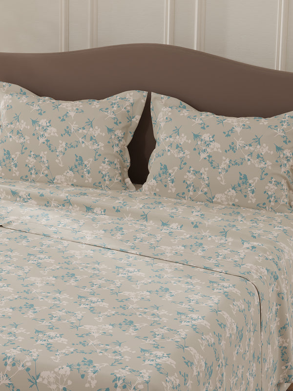 Lumina Floret 100% Cotton 144 TC Grey Floral Double Bedsheet with 2 Pillow Covers
